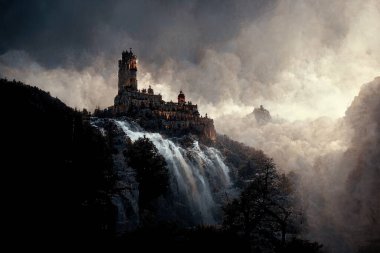 Dark fantasy painting of a castle on top of a mountain above a waterfall.