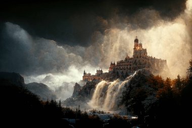 Dark fantasy painting of a castle on top of a mountain above a waterfall.