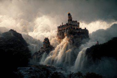 Dark fantasy painting of a castle on top of a mountain above a waterfall.
