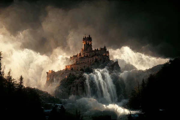 Dark Fantasy Painting Castle Top Mountain Waterfall — Zdjęcie stockowe
