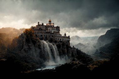 Dark fantasy painting of a castle on top of a mountain above a waterfall.