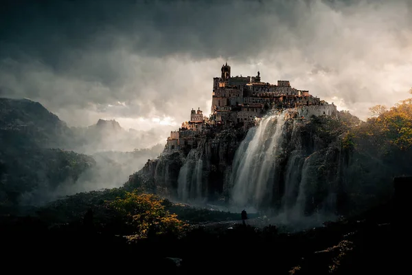 Dark fantasy painting of a castle on top of a mountain above a waterfall.