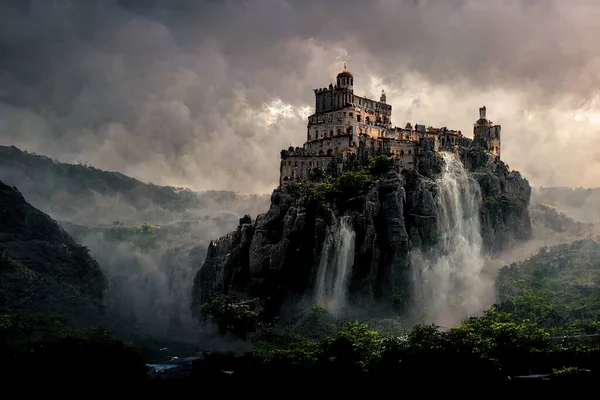 Dark fantasy painting of a castle on top of a mountain above a waterfall.