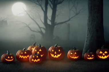 Karanlık Orman 'da ürkütücü bir Cadılar Bayramı gecesinin 3 boyutlu çizimi.