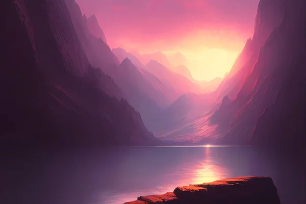 Digital Painting Landscape Lakeside Valley Sunset — Stock Photo, Image