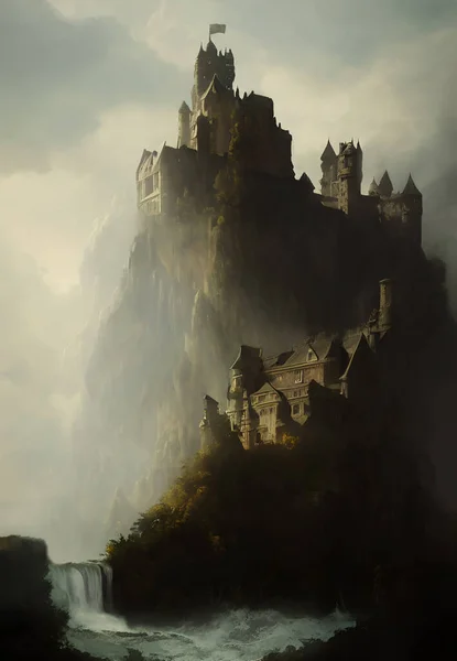 Pintura Digital Castelo Topo Uma Montanha Acima Uma Cachoeira — Fotografia de Stock