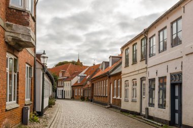 Ribe, Jutland, Danimarka 'daki sokak ve geleneksel evler