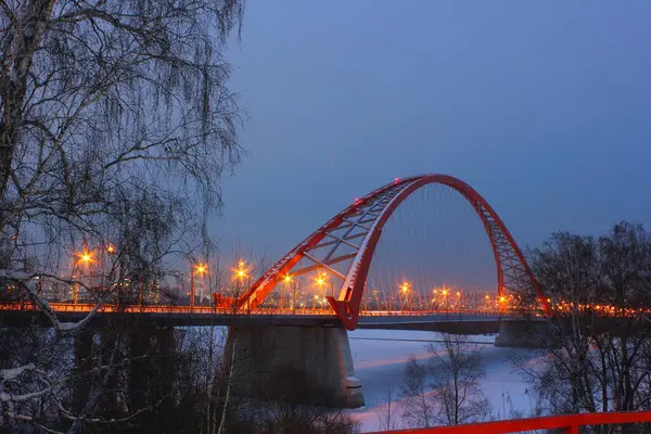 Red Arch Cable Stayed Bridge Winter Night Novosibirsk — Foto Stock