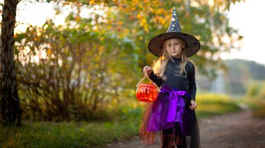 Cadı gibi giyinmiş 5 yaşında bir kız çocuğu, cadı şapkası, balkabağı şeklinde bir el feneri, sokak fotoğrafı, sonbaharda çekim, Cadılar Bayramı 'na hazırlık, neşe ve gizem duyguları, cadılar bayramı için kostüm giymiş bir çocuk portresi.