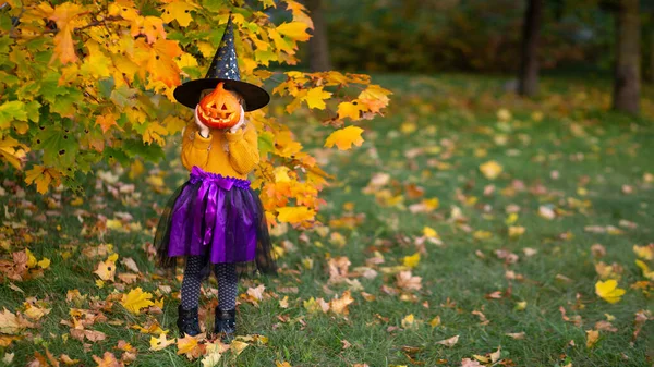 Éves Lány Öltözött Boszorkány Egy Tök Gyermek Öröm Halloween Jelmezek — Stock Fotó