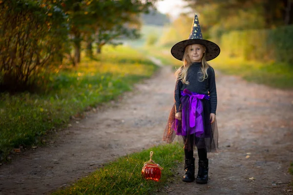 Una Niña Años Vestida Bruja Sombrero Bruja Linterna Forma Calabaza —  Fotos de Stock