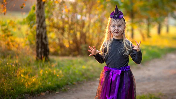 Una Niña Años Vestida Bruja Sombrero Bruja Linterna Forma Calabaza —  Fotos de Stock