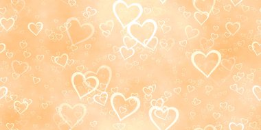 Renkli kalp konfetisi dökülen doku arka planında. (Döşemeler pürüzsüz, 2D görüntüleme bilgisayarı dijital olarak oluşturuldu.)