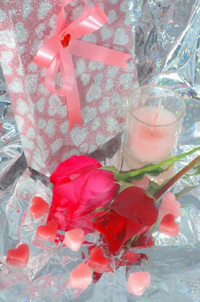 Valentine. Valentines Hearts, Rose Flower and Gift Box — Stock Photo, Image