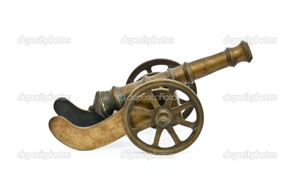 Ancient cannon on wheels isolated on white