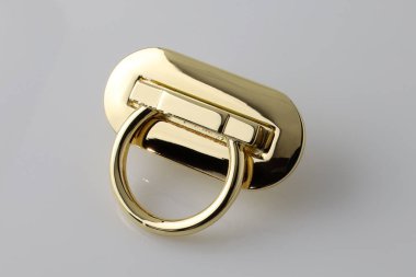 Kadın çantaları için metalik dekoratif unsur. Çantanın dış kısmı için dekoratif bir unsur. Beyaz arka planda yakın plan yüzüklü altın broş.. 