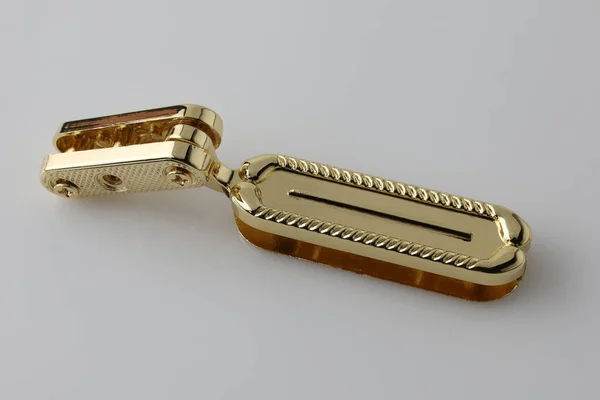 Beyaz Arka Planda Bir Çanta Için Metalik Altın Madalya Çanta — Stok fotoğraf