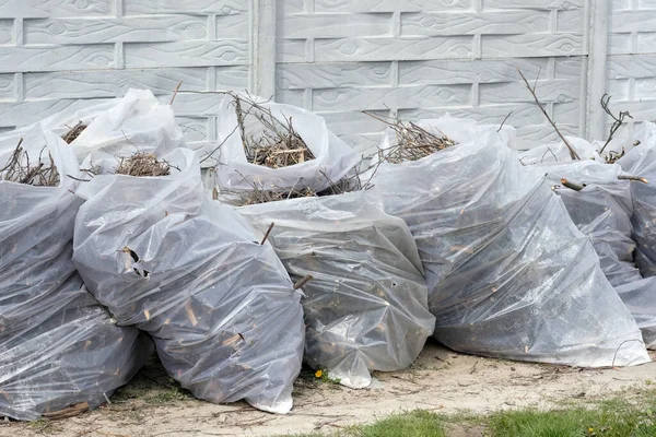 Sacs Plastique Avec Branches Gros Plan Sur Rue Déchets Jardinage — Photo