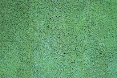 Eski çatlak yeşil boya arka planı. Metal bir yüzeydeki eski boya dokusu. Kurumuş boyadan çok çatlak var..