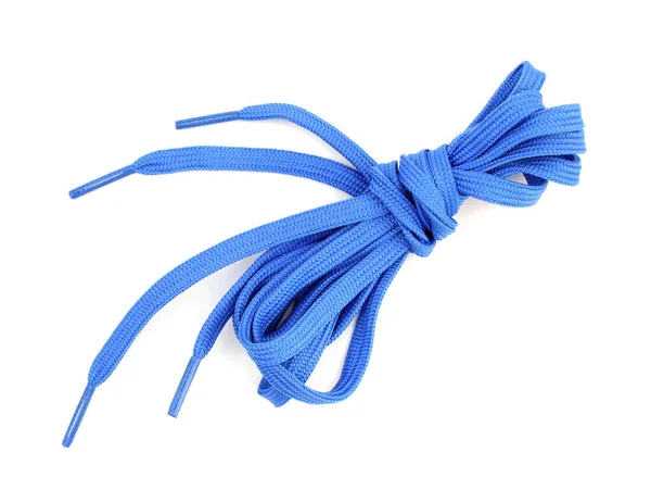 Kék Cipőfűző Lapos Fehér Háttérrel Csomagolt Sportcipőfűző Lapos Cipőfűző Kötött — Stock Fotó
