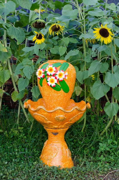 Outdoor orange Fountain in the Garden sunflowers — Stock Photo, Image