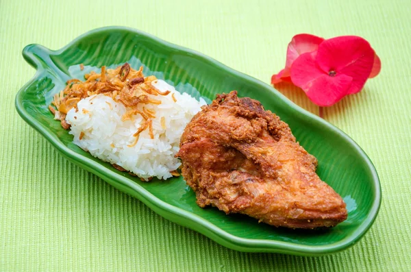 Fried Chicken with onion and Sticky rice — Stock Photo, Image