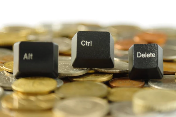 Ctrl, alt, del Computer Keys and Coins — Stock Photo, Image
