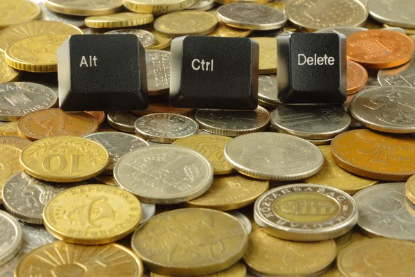 CTRL, alt, del computer sleutels en munten — Stockfoto