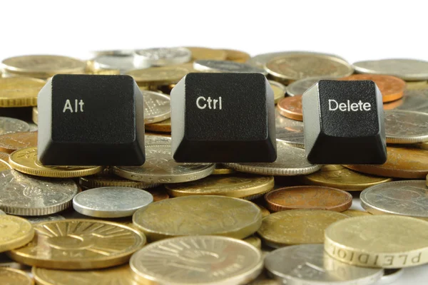 Ctrl, alt, del Computer Keys and Coins — Stock Photo, Image