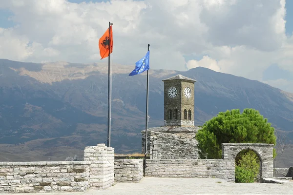 Albania, Gjirokaster, Citadel, Flags of Albania and of EU Flying — Stock Photo, Image