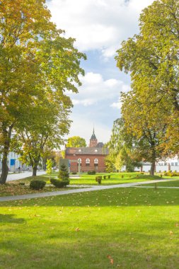 Polonya, Silezya, Gliwice, Teknik Üniversite Kampüsü öğleden sonra güneşlendi, sonbaharın başında