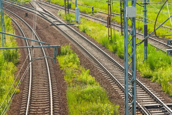 Sunlit Railroad Tracks Overhead Wires Seen Summer — 图库照片