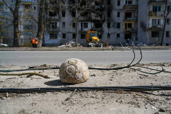 Children Soccer Ball Lies Road Building Destroyed Explosion War Ukraine Стоковое Фото