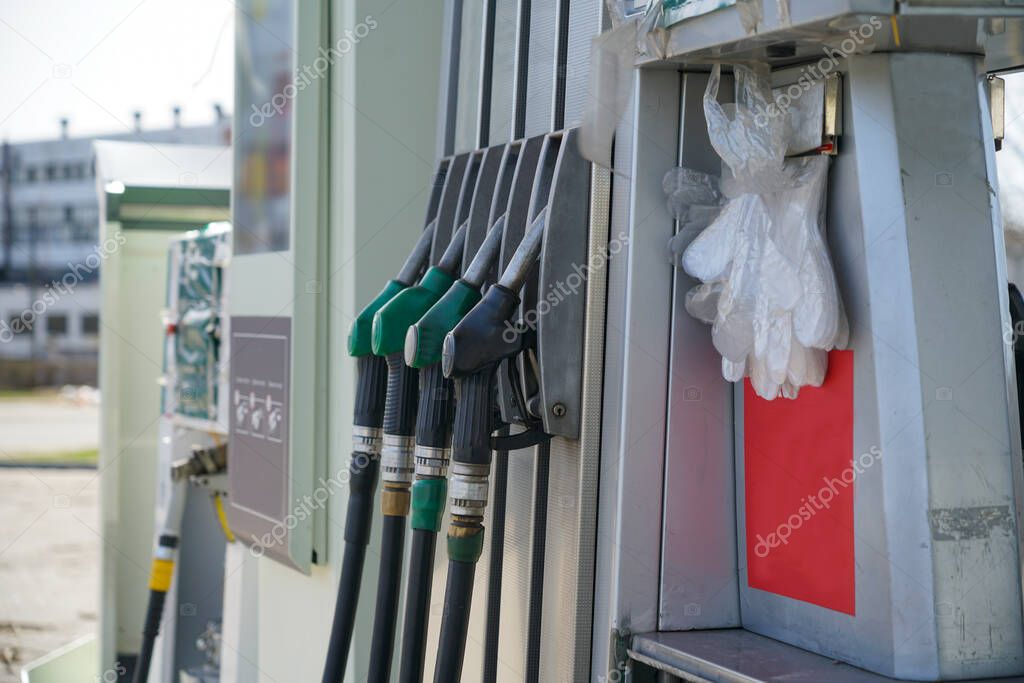 Gas station with a broken station from a shell explosion. Exploded gas