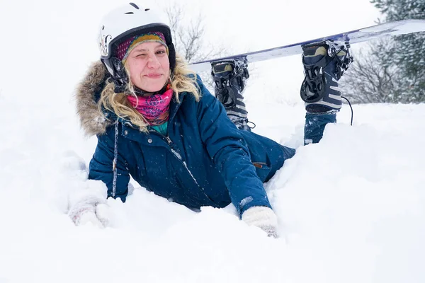 Portrait Girl Snowboarder Snow Girl Ski Helmet Jacket Lies Snow —  Fotos de Stock