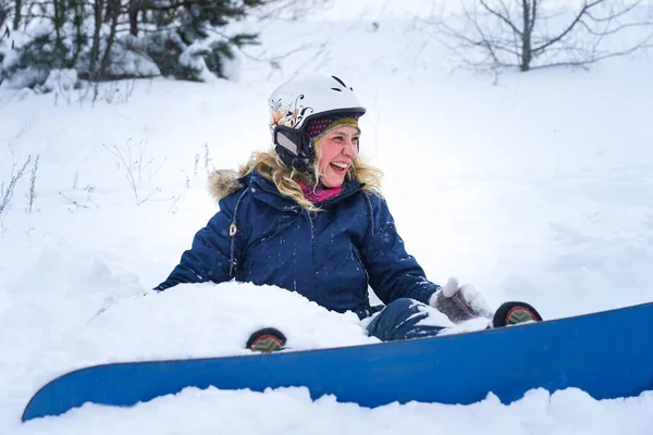 Portrait Girl Snowboarder Snow Girl Ski Helmet Jacket Lies Snow —  Fotos de Stock