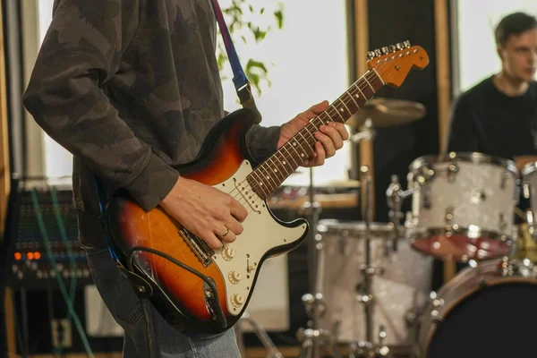 Guy Plays Electric Guitar Record Sound Holds Guitar His Hands — Stock Photo, Image