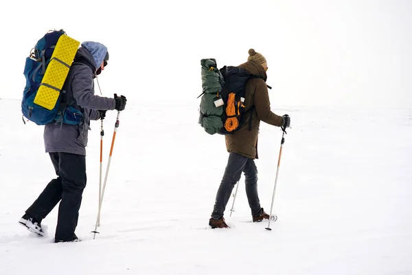 Zwei Jungs Laufen Während Einer Winterexpedition Durch Lockeren Schnee Sie — Stockfoto