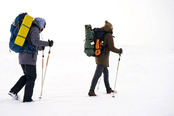 Two Guys Walk Loose Snow Winter Expedition Carry Large Backpacks Royalty Free Stock Images