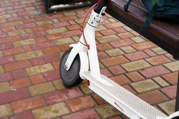 Elektromos Robogó Parkban Közelről Hideg Havas Idő Van Odakint Scooter — Stock Fotó