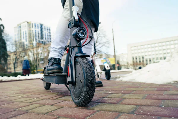 Electric Scooter Close Guy Stands Electric Scooter Park Beautiful Photo — Foto Stock
