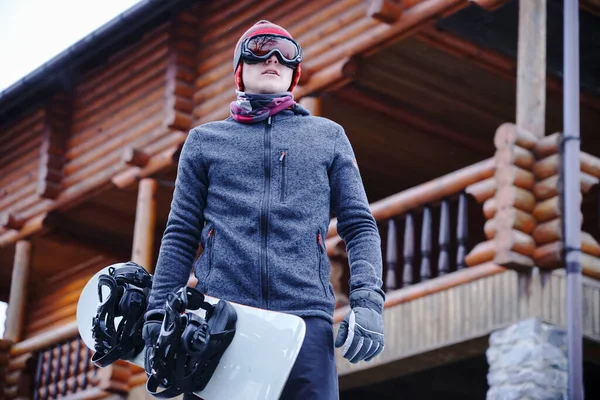 Guy Ski Goggles Holds Snowboard His Hand Resort House Ski —  Fotos de Stock