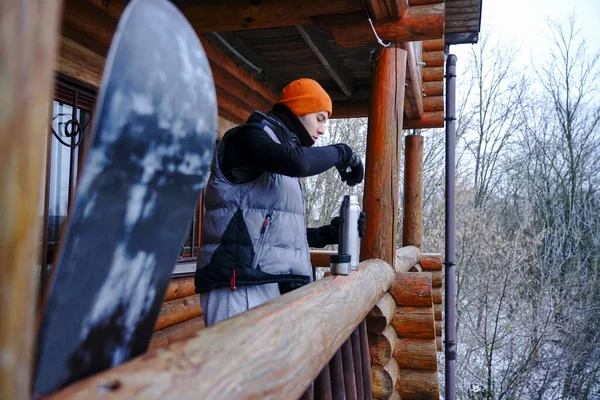 Guy Stand Balcony Wooden House Winter Clothes Drink Tea Relax —  Fotos de Stock