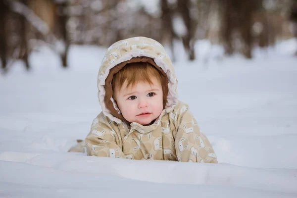Cute One Year Old Baby Girl Sitting Deep Snow Forest — Stockfoto