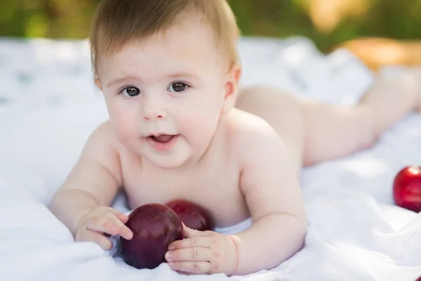 Cute Smiling Month Old Baby Crawling Garden Surrounded Apples — стоковое фото