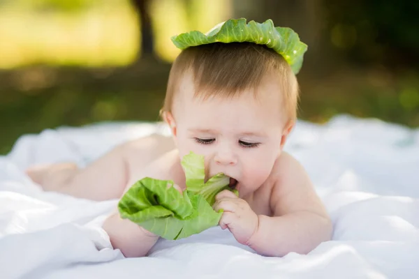かわいい面白い笑顔6ヶ月古いです赤ちゃんクロールで庭保持キャベツの葉を身に着けている緑の葉キャップ — ストック写真