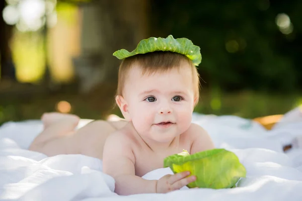 Cute Funny Smiling Month Old Baby Crawling Garden Holding Cabbage — стоковое фото