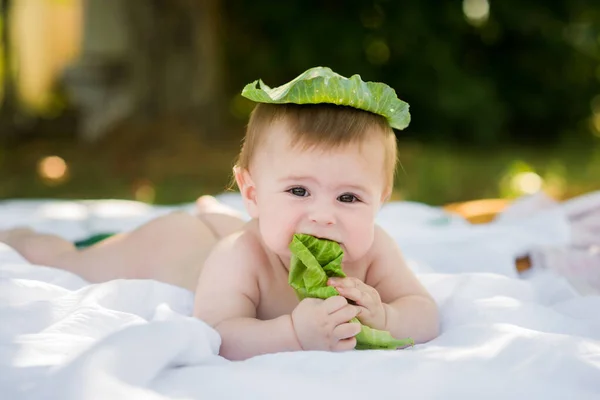 Cute Funny Smiling Month Old Baby Crawling Garden Holding Cabbage — Foto Stock