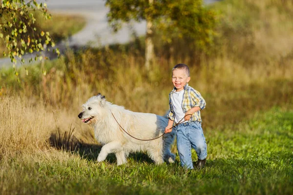 Feliz sorrindo menino loiro correndo com cão amigo na fazenda — Fotografia de Stock
