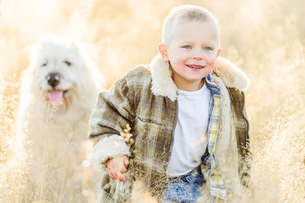 Happy smiling blond boy walking with dog friend on farm — Stock Photo, Image